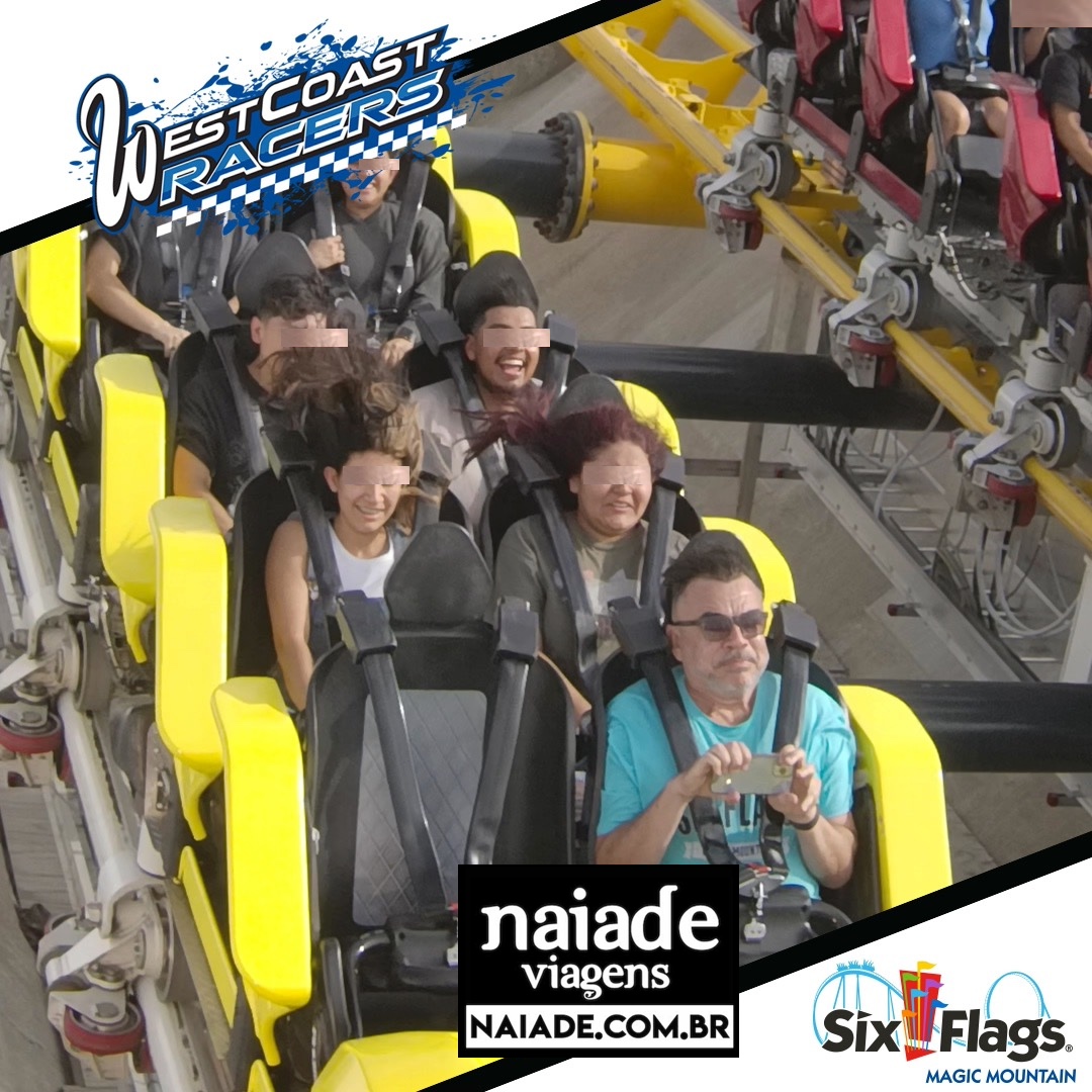 Chico da Naiade na WestCoast Racer Roller coaster Montanha Russa Six Flags Magic Mountain em 2023